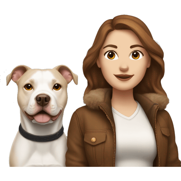 white woman with long brown hair in a furry jacket standing alongside a white pitbull emoji