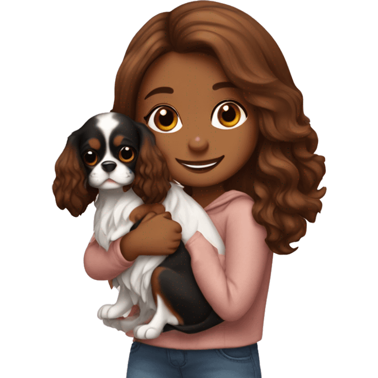 cute girl hugging two black and brown cavalier king charles spaniel  emoji