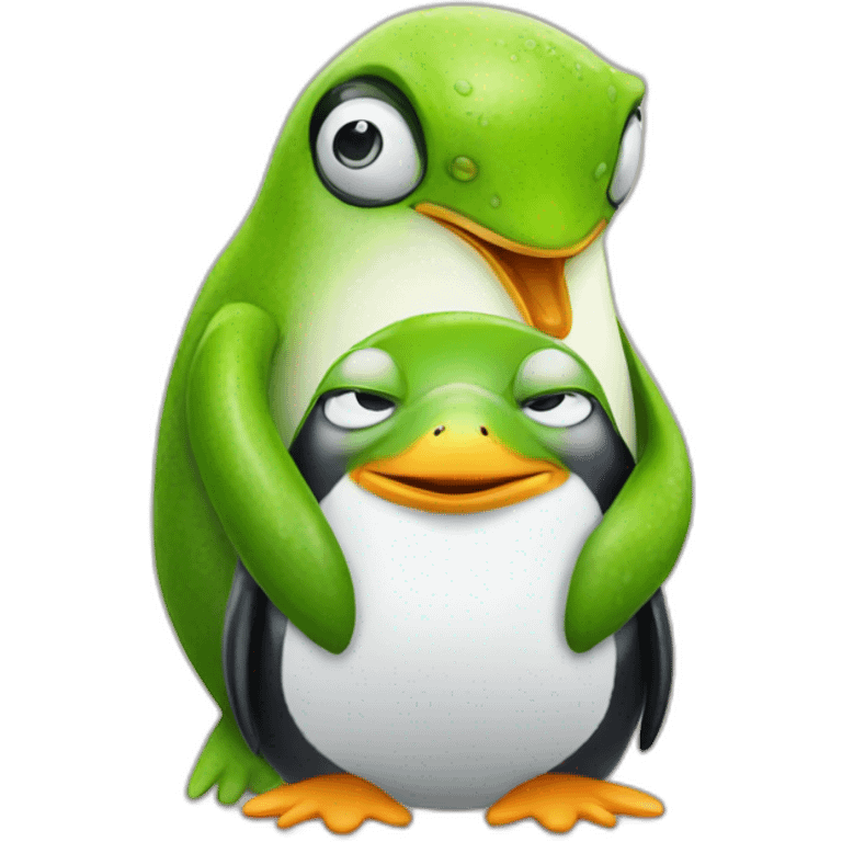 Penguin and a frog hugging  emoji