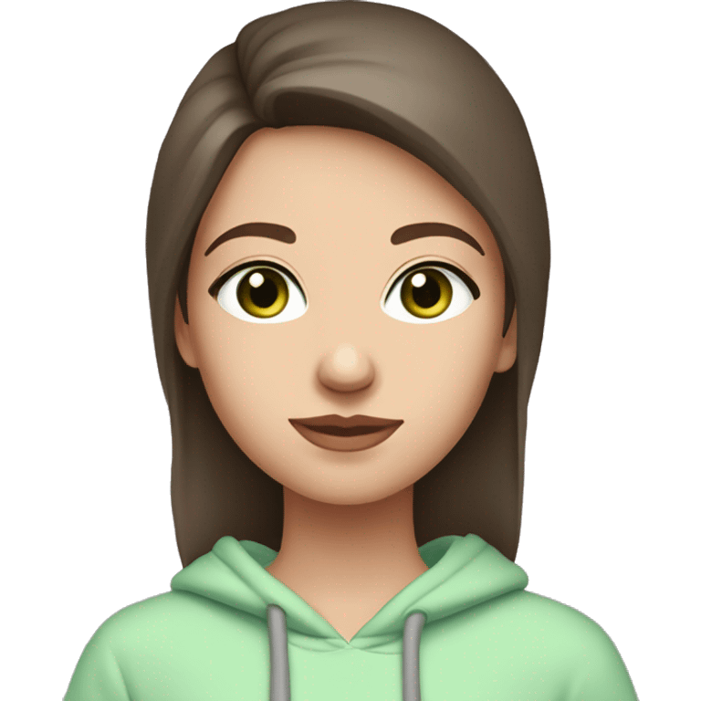 caucasian girl with dark brown hair and light blue eyes wearing a light pink hoodie and drinking green tea emoji