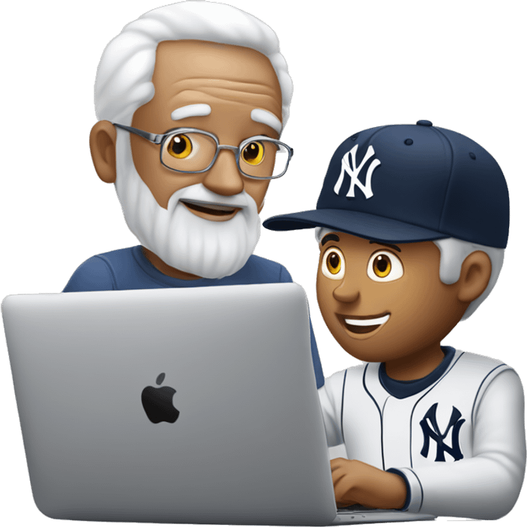 Young man with New York yankees SnapBack hat helping old man to use artificial intelligence on a MacBook  computer emoji