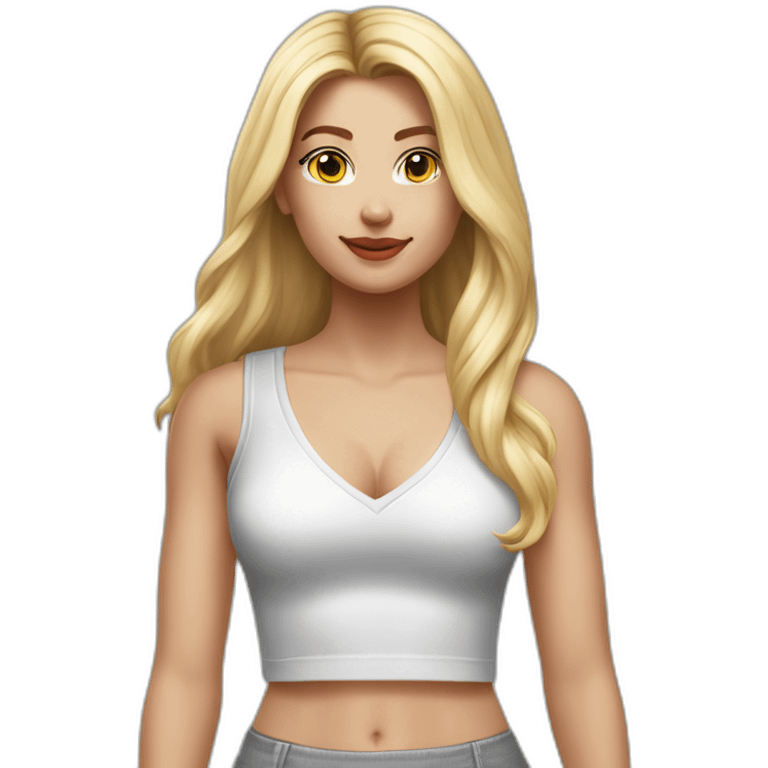 hyperrealistic caucasian blonde, long straight hair, white deep v-neck crop tanktop, gray tight mini skirt emoji