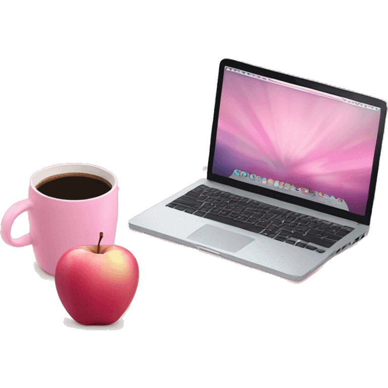 Pink apple computer with coffee and a pink notebook on top of the computer  emoji