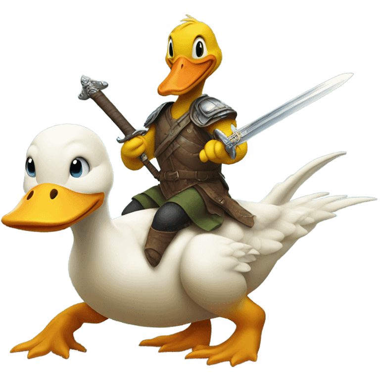 Duck, holding a sword, riding a dinosaur emoji