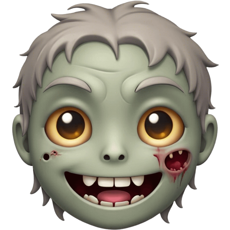 Cinematic Cute Zombie Portrait Emoji, with a delightfully quirky, slightly disheveled face in muted ashen hues, featuring quirky bright eyes and a playful, stitched-together smile, simplified yet irresistibly charming, highly detailed with a soft glowing outline that captures the adorable, offbeat spirit of a zombie who’s more cute than creepy! emoji