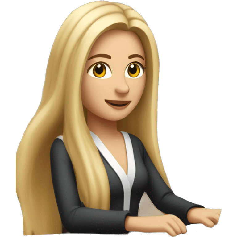 A pretty woman with long fair hair is working on her laptop and it’s Christmas atmosphere at the background  emoji