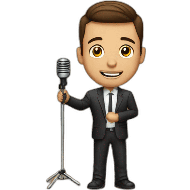  men with brown hair and light skin with microphone stand in front of him with show spotlights on a stage and many lights and spotlights on a raised theater stage emoji