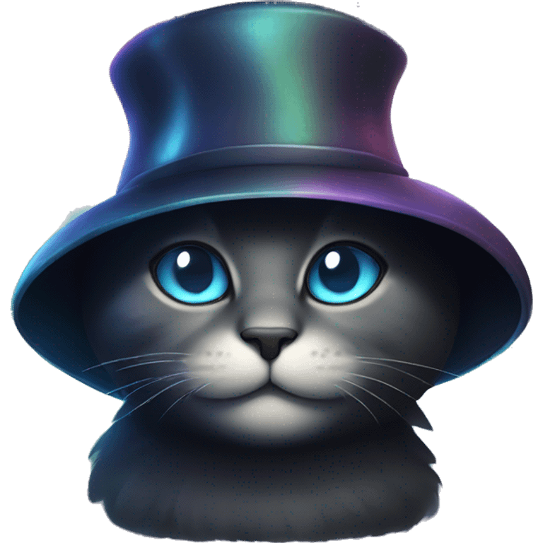 Dark iridescent cat glowing wearing a hat emoji