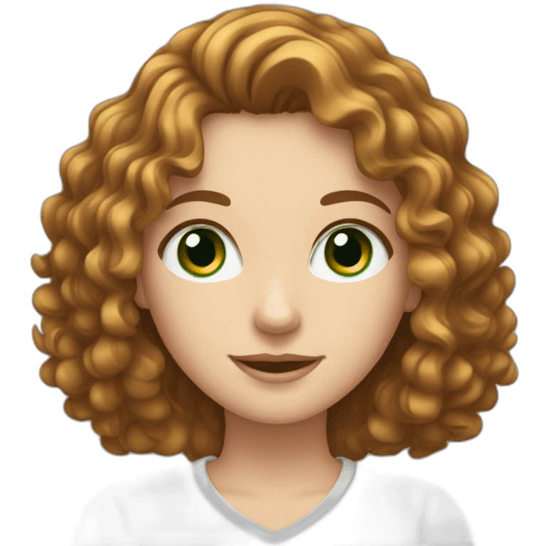 white girl on computer with brown curly hair and green eyes emoji