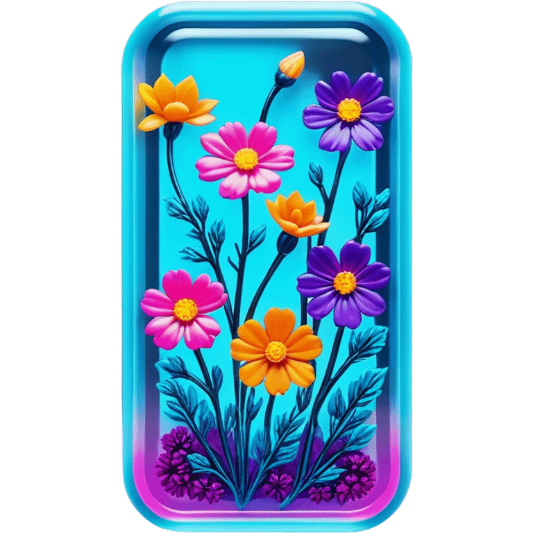 Epoxy resin art icon, jewelry and decorative items made with fluorescent epoxy resin, glowing effect on the resin, finished resin jewelry with dried flowers embedded inside, visible tubes of resin with bright colors, mixing tools, and molds, minimalistic style, clean lines, transparent background emoji