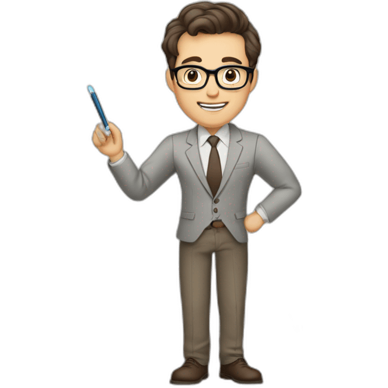 Pale skinned fit man with dark brown hair in gray jacket, beige office shirt, brown tie, brown pants and vintage glasses Writing text on a marker board emoji