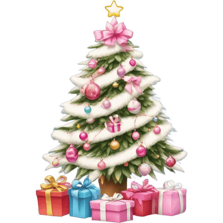 Christmas tree with pink and white decorations and lights with preppy gifts underneath  emoji