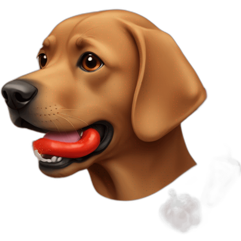 Brown lab chewing on a red pepper emoji