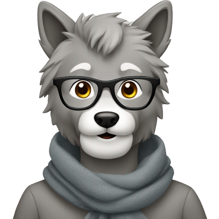 happy gray wolf person wearing a gray scarf and glasses emoji