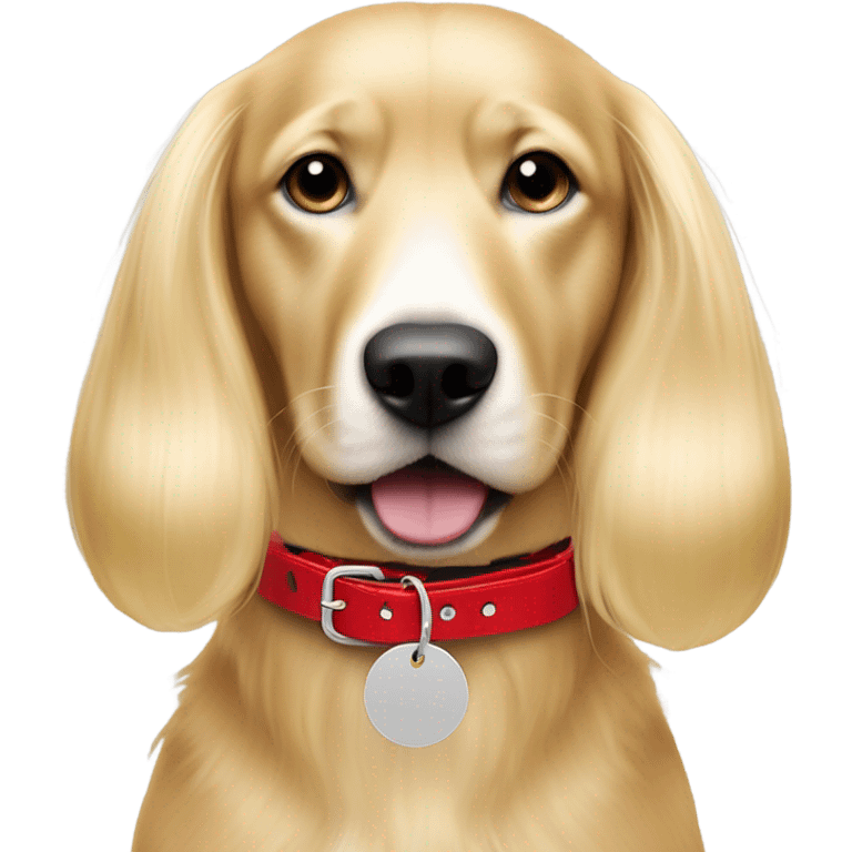 Put a Red leather dog collar and golden tag on a blond white female with medium length hair. Keep this same image just add a red leash to the collar emoji