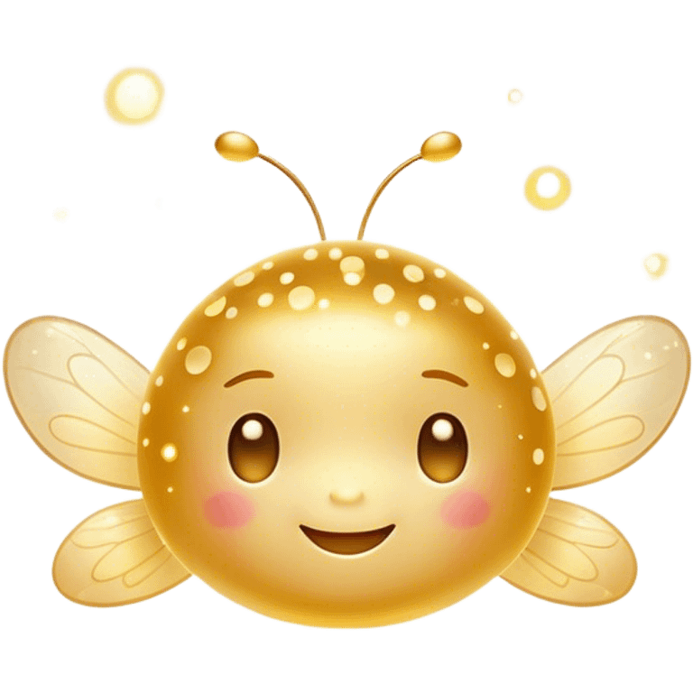 Cinematic tiny glowing firefly, round and chubby, soft golden light, tiny happy face, gentle floating motion, surrounded by dreamy sparkling dots. emoji