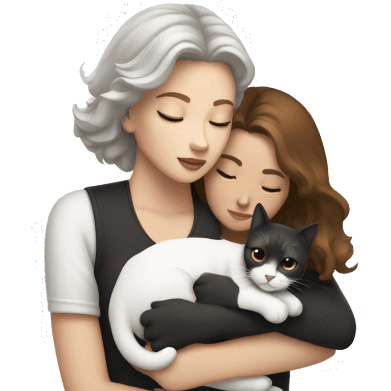 white brown haired women cuddling black and white cat emoji