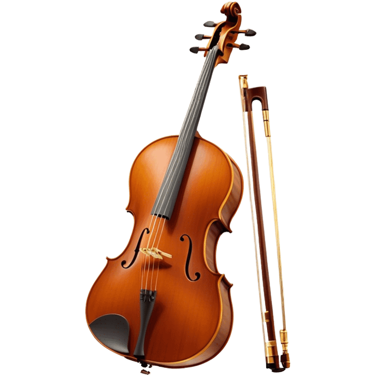 Create an elegant and refined emoji representing the Cremona cello with a Hans Klein HKCB bow. The design should feature the curved wooden body of the cello with a rich, glossy finish, capturing its classical shape and intricate details. The bow should be displayed with fine craftsmanship, highlighting the hair and the smooth, polished wooden stick. Include subtle musical notes floating around the instrument to emphasize its rich, melodic sound. Use deep wood tones like chestnut brown, gold accents for the fittings, and soft lighting effects to give the instrument a timeless, professional feel. The background should be transparent. emoji