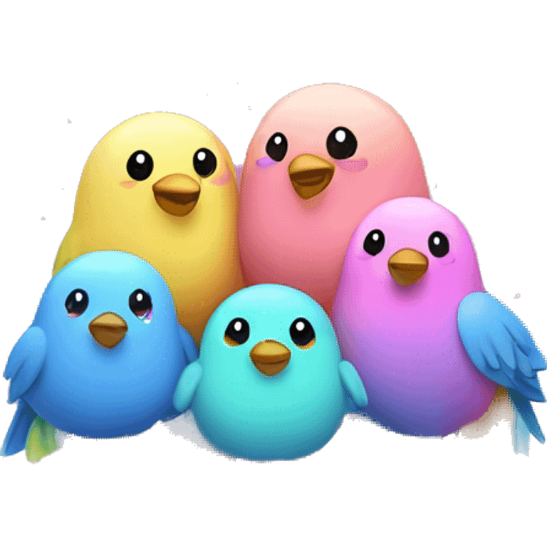 Kawaii rainbow pastel family of birds in neon snow globe  emoji