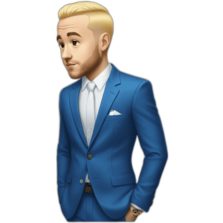 realism mac miller with a blonde comb over skin fade wearing a blue suit  emoji