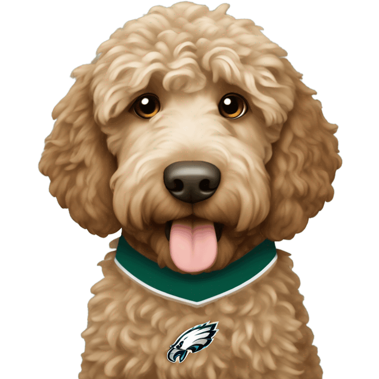 Light brown Labradoodle wearing a Philadelphia eagles jersey emoji