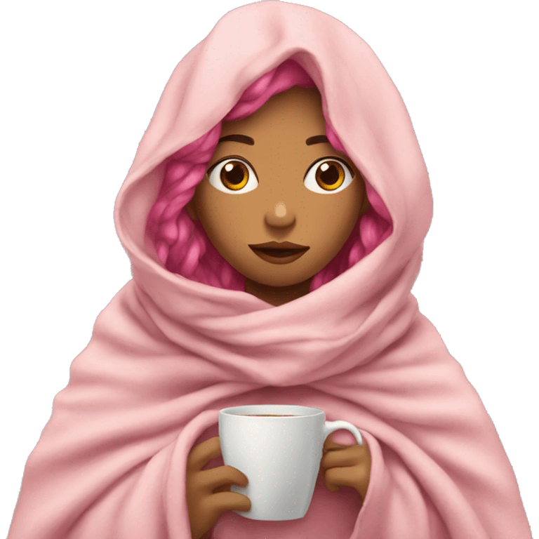 girl inside a blanket sipping coffee eyes closed pink hair emoji