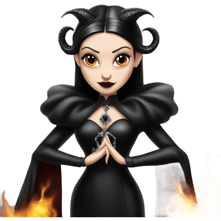 Lavish Victorian evening gown, young Morticia Addams Jedi wearing a mini tiara, riding on the back of a very large black shiny evil-looking fire-spewing horned dragon emoji