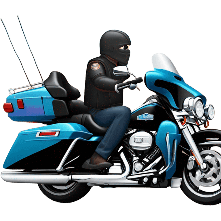 angled frontend view of a harley davidson electra glide ultra classic with big blue pearl and vivid black two color paint scheme with recurve windshield, a radio antenna and a citizen's band radio antenna and an older white man without a helmet sitting on the front seat. emoji