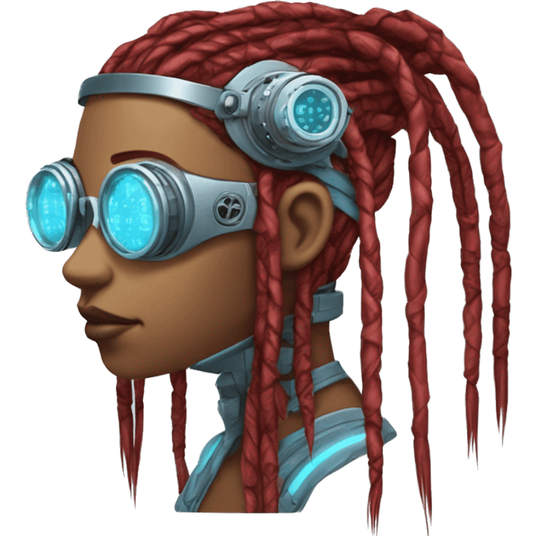 Light blue long dreadlocks female cyborg head with red steampunk goggles and circuits emoji