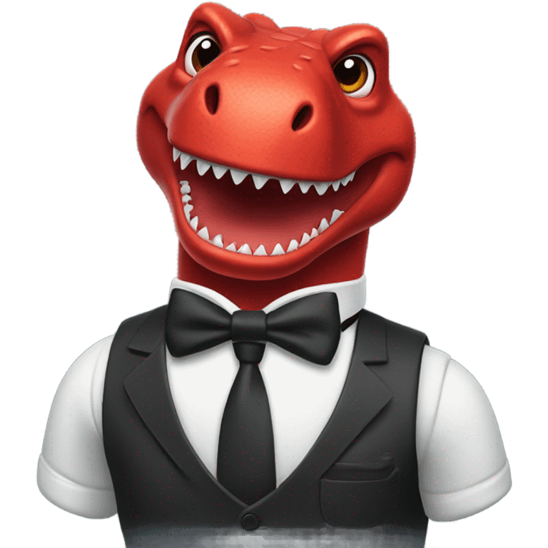 A red trex with a water bottle, wearing a black bow tie  emoji