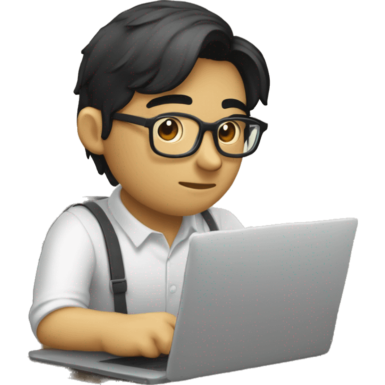 A nerdy, bespectacled developer, his short black hair neatly combed and a thin mustache adorning his upper lip, as he sits intently behind a large, sleek laptop. emoji