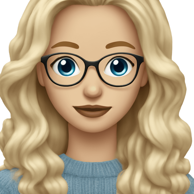 Realistic blonde balayage long hair white women beige sweater blue eyes and small glasses holding phone  emoji