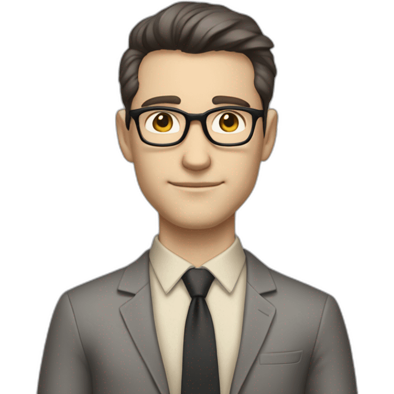 Full height Pale skinned Fit Man With dark brown hair in classic gray suit, beige office shirt, dark gray tie, and vintage glasses. His hands lock emoji