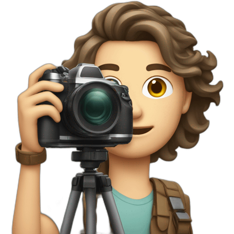 Male Photographer shaved Caucasian wavy hair brunette holding camera emoji