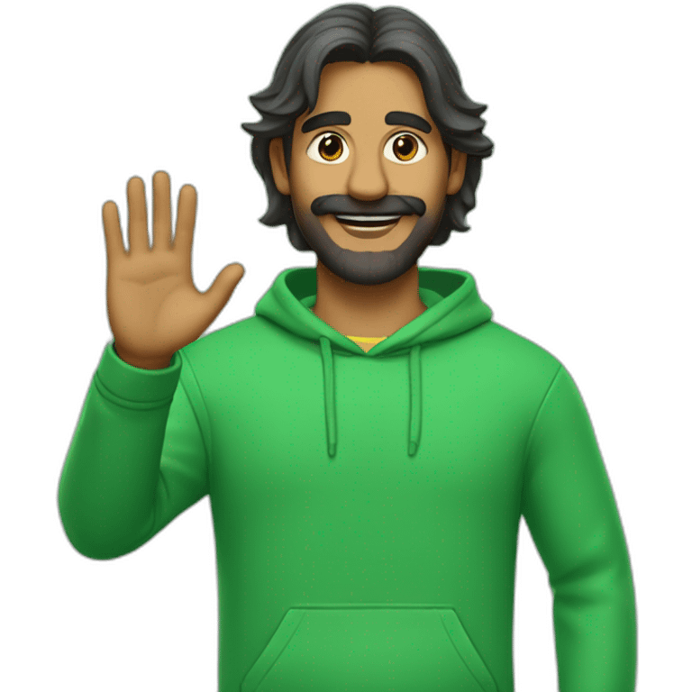 an indian man wearing a green sweatshirt, long hair, extremely short beard and mustache, waving goodbye, close up emoji