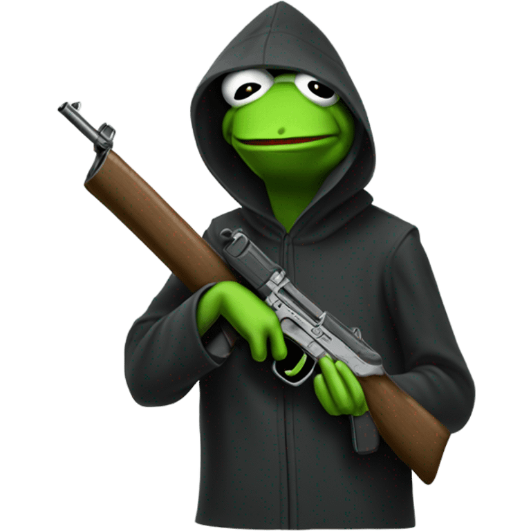 Hooded Kermit the frog with a gun emoji