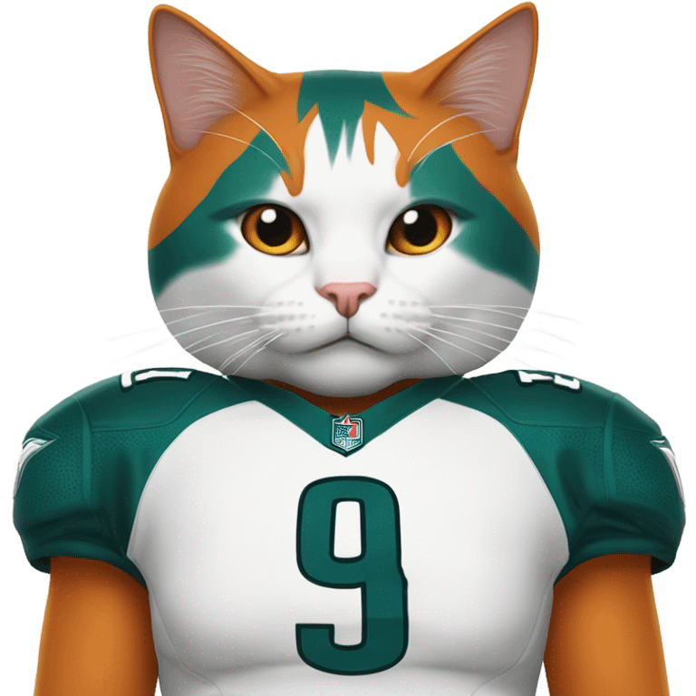 A cat he is white and orange, orange in the top of his head and ears and a orange mustache. Can you make him wear a Philadelphia eagles jersey  emoji