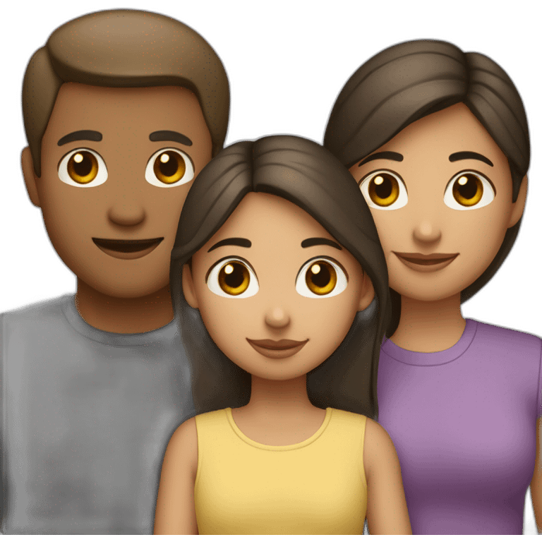 A girl hugs her parents (light skin color, dark hair) emoji