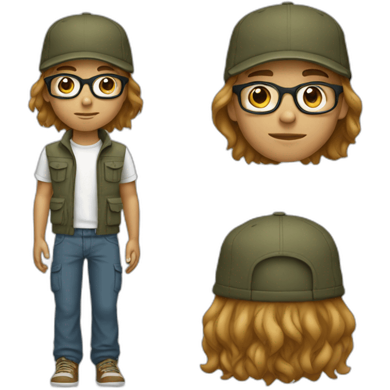 smooth hair,young boy with long hair and cap and Cargo pants and have glasses emoji