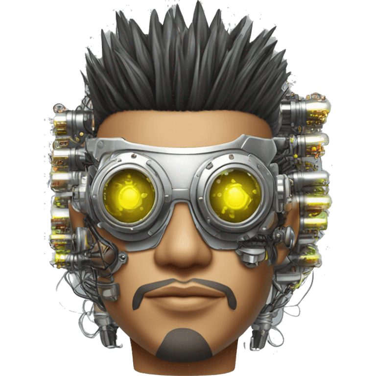 Mohawk hair Asian male cyborg head with neon silver steampunk goggles and circuits emoji