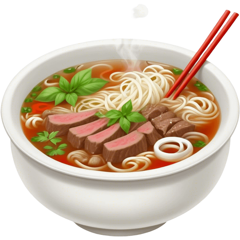 Cinematic Realistic Pho Dish Emoji, depicted as a steaming bowl of aromatic beef noodle soup with herbs rendered with lifelike textures and vibrant, warm lighting. emoji