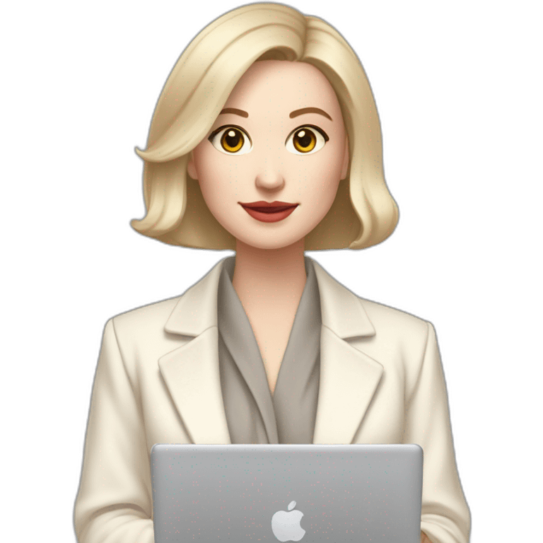 pale skin woman with ash blonde Straightened bob Hair, White Spacious classical jacket, beige palazzo Arrow pants and gray blouse holding a MacBook in the hands emoji