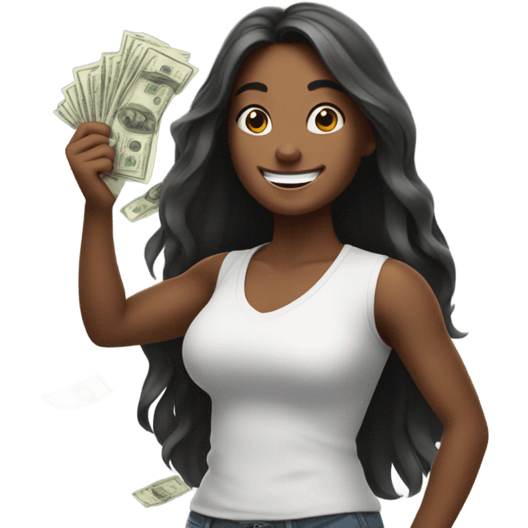 smiling girl with long hair and flexing cash emoji