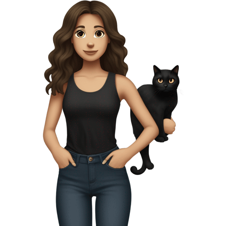 tall skinny brunette haired girl with brown eyes medium wavy hair and middle part curtain bangs wearing dark wash jeans and black high neck tank top and black mary jane heel shoes standing and holding fat black cat with white spot on its belly emoji