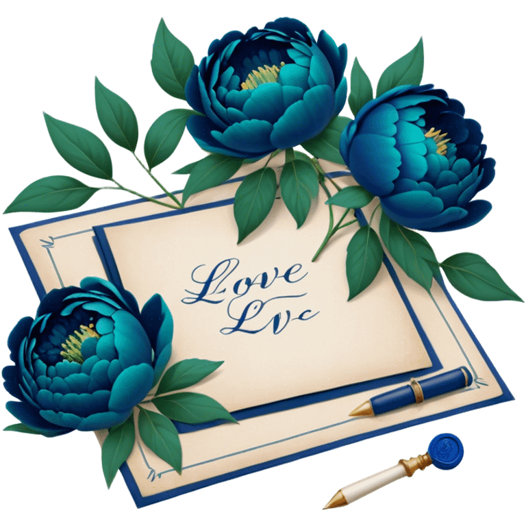 A charming arrangement of deep green peonies placed beside an old blue love letter with an intricate navy blue wax seal. emoji