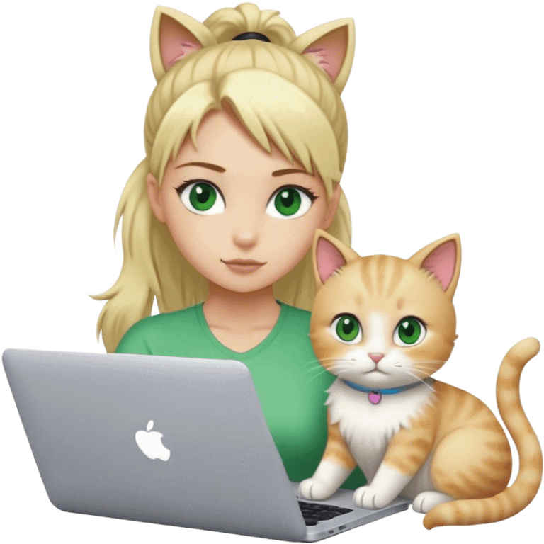 Blonde girl ponytail green eyes with macBook and a cat emoji