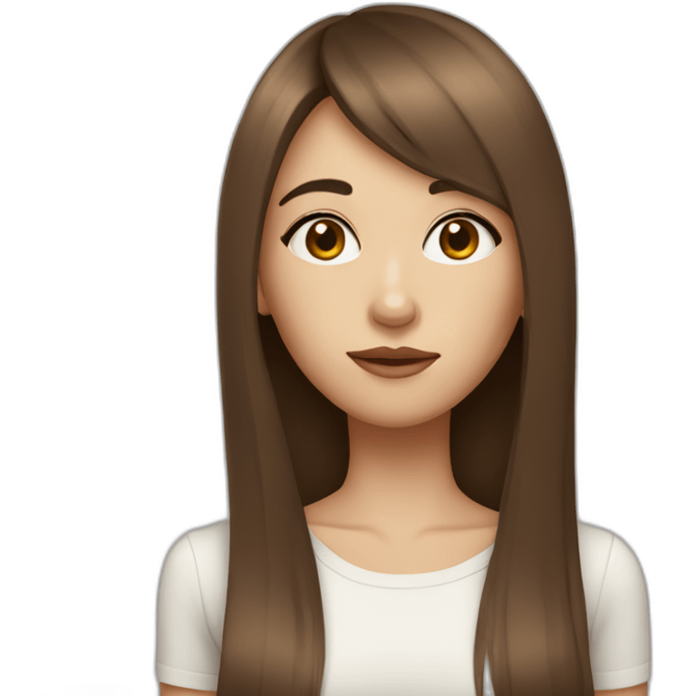 long brown hair skinny girl with long side bangs, thin face and makeup from head to chest emoji