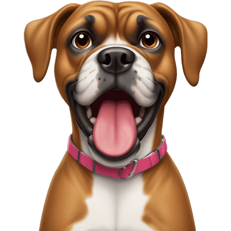 Senior boxer dog with single canine tooth sticking out of her closed mouth.  emoji