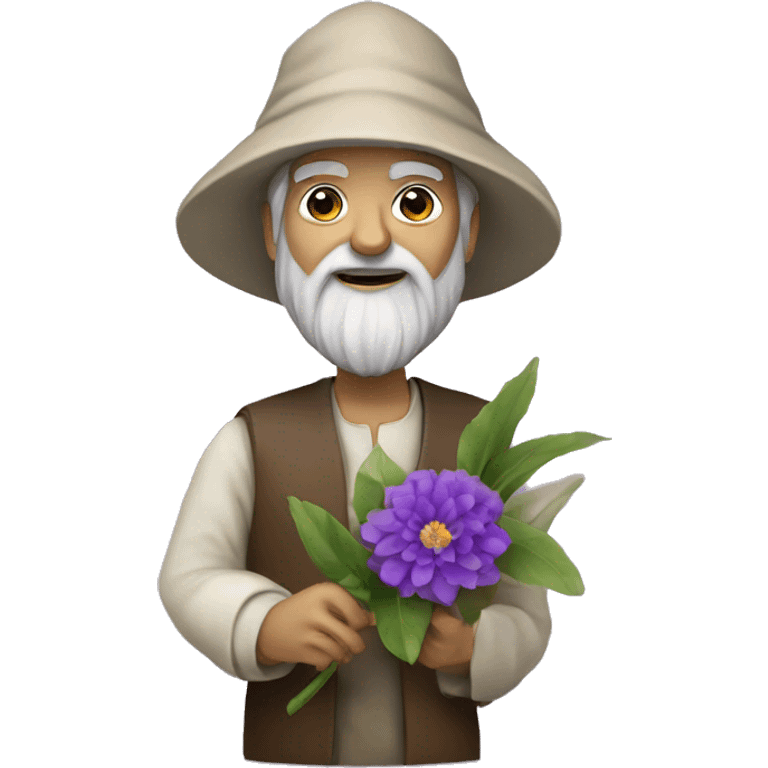 leonardo da Vinci holds a purple flower in his hands emoji