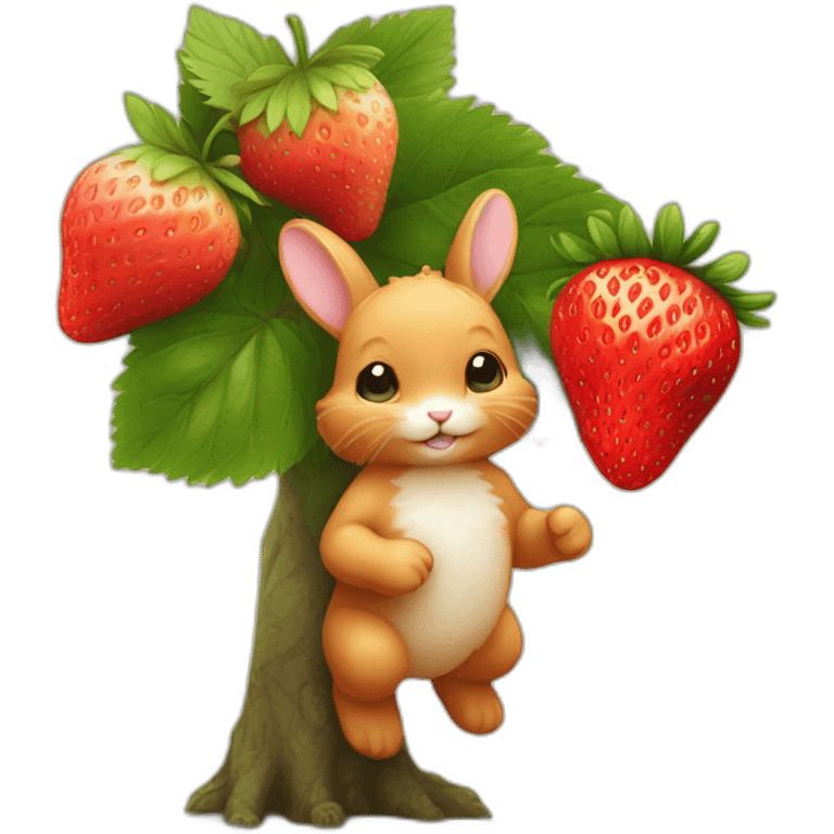 A little ginger bunny nibbling a strawberry off a small tree emoji